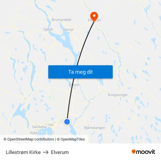 Lillestrøm Kirke to Elverum map