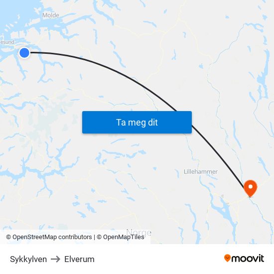 Sykkylven to Elverum map