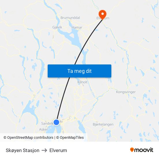 Skøyen Stasjon to Elverum map