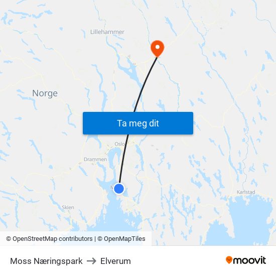Moss Næringspark to Elverum map