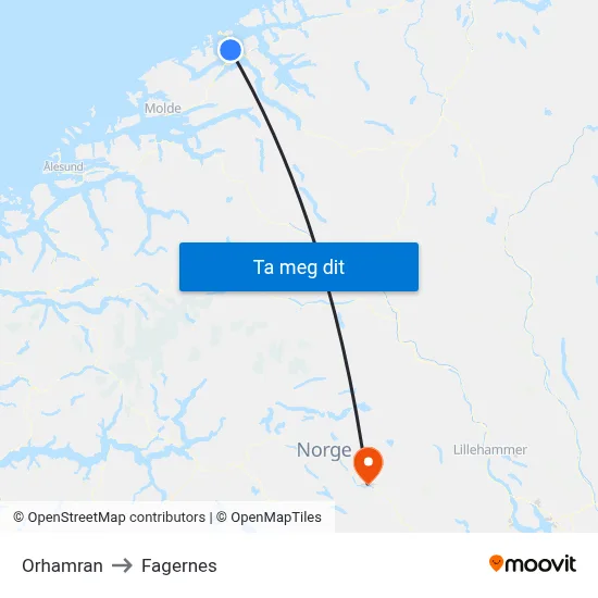 Orhamran to Fagernes map