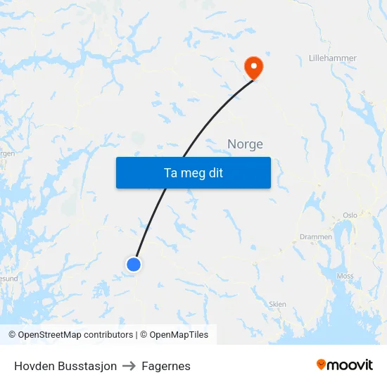 Hovden Busstasjon to Fagernes map