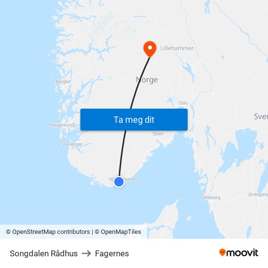 Songdalen Rådhus to Fagernes map