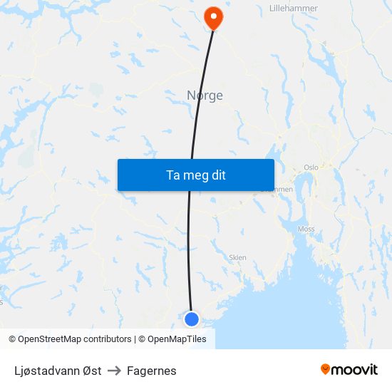 Ljøstadvann Øst to Fagernes map