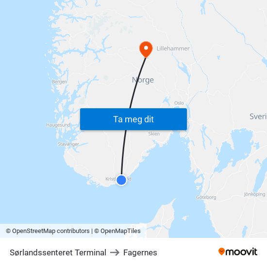 Sørlandssenteret Terminal to Fagernes map