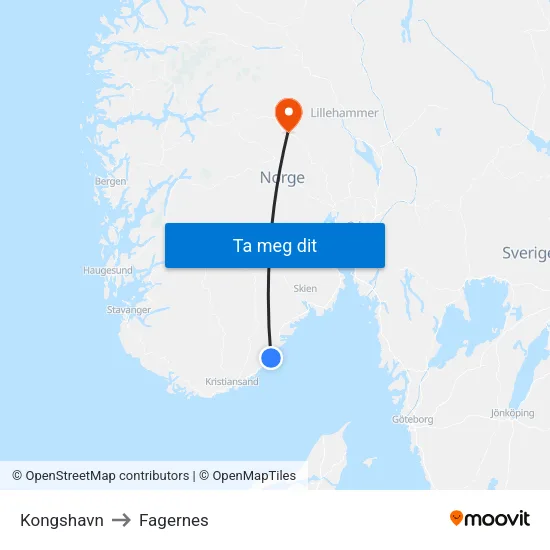 Kongshavn to Fagernes map