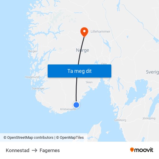 Konnestad to Fagernes map
