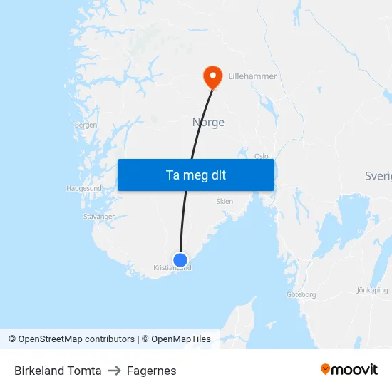 Birkeland Tomta to Fagernes map