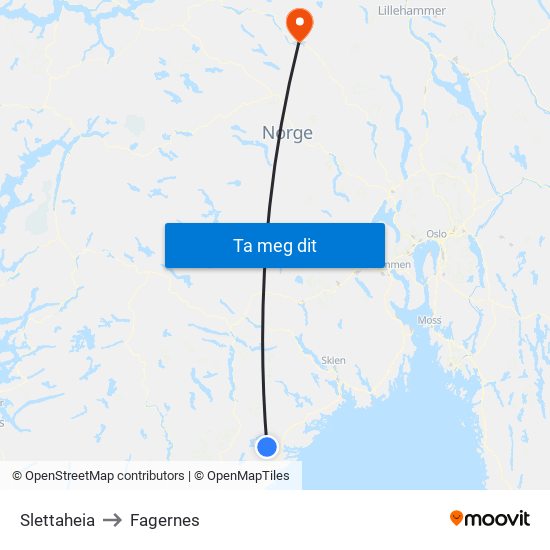 Slettaheia to Fagernes map