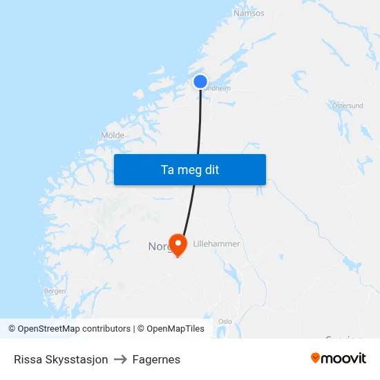 Rissa Skysstasjon to Fagernes map