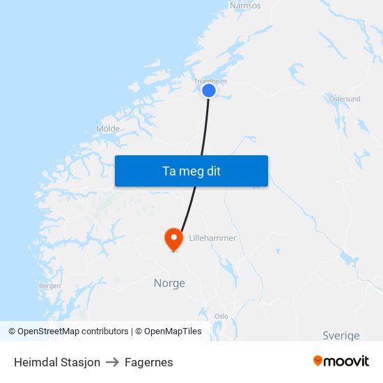 Heimdal Stasjon to Fagernes map