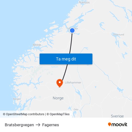 Bratsbergvegen to Fagernes map