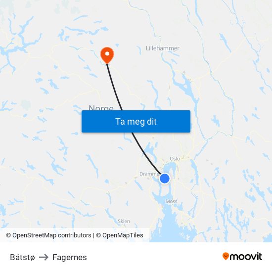 Båtstø to Fagernes map