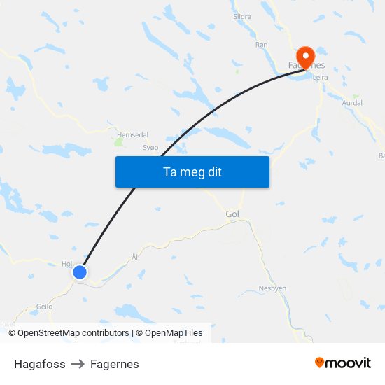 Hagafoss to Fagernes map