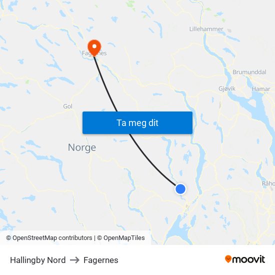 Hallingby Nord to Fagernes map