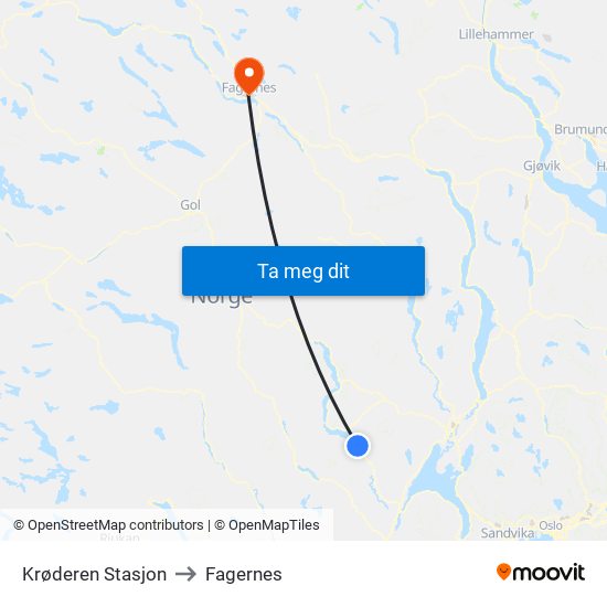 Krøderen Stasjon to Fagernes map