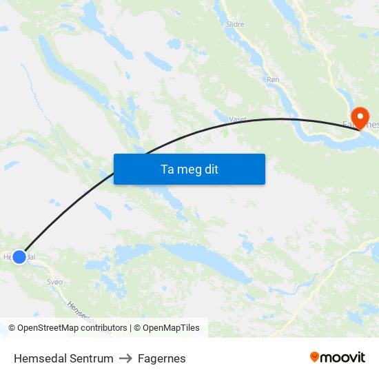 Hemsedal Sentrum to Fagernes map