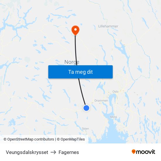 Veungsdalskrysset to Fagernes map