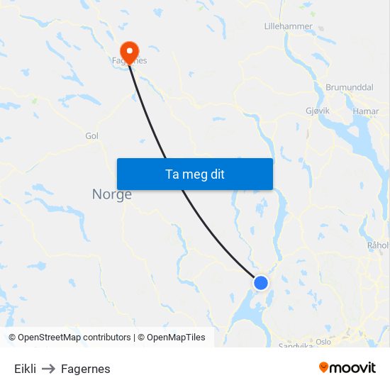 Eikli to Fagernes map