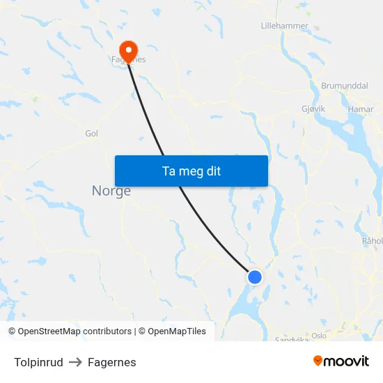 Tolpinrud to Fagernes map