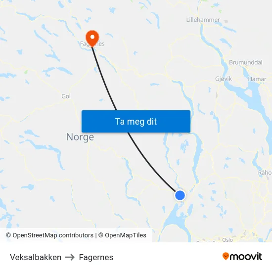 Veksalbakken to Fagernes map
