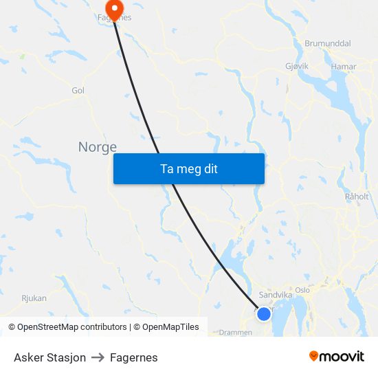 Asker Stasjon to Fagernes map
