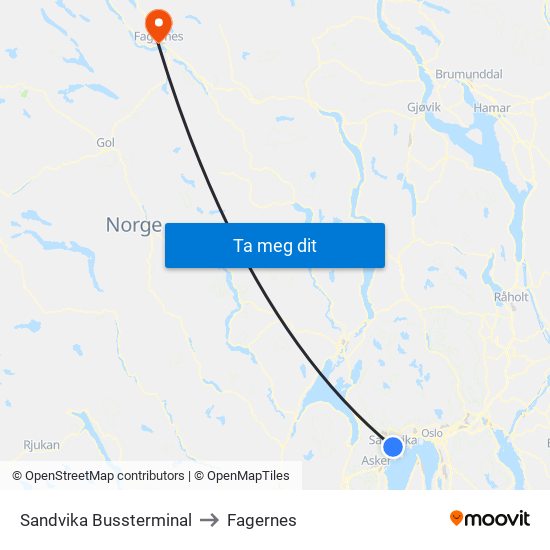 Sandvika Bussterminal to Fagernes map