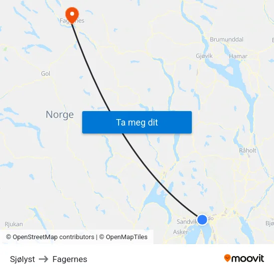 Sjølyst to Fagernes map