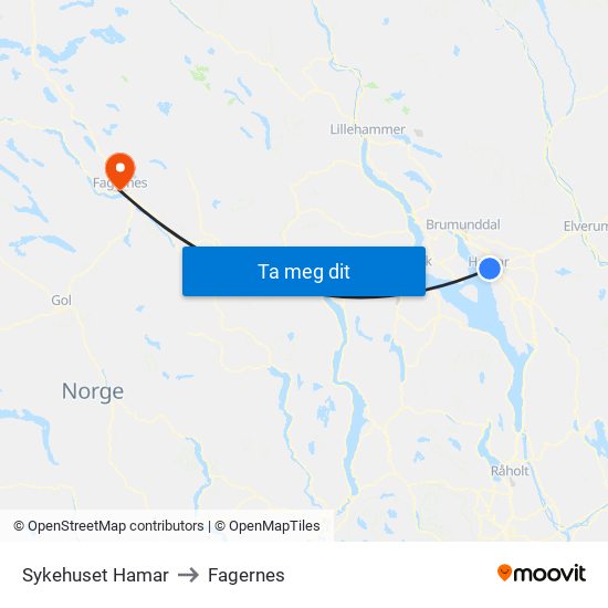 Sykehuset Hamar to Fagernes map