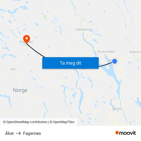 Åker to Fagernes map