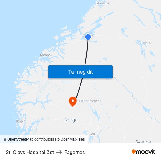 St. Olavs Hospital Øst to Fagernes map