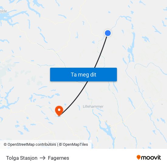 Tolga Stasjon to Fagernes map