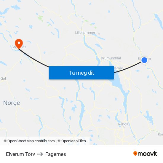 Elverum Torv to Fagernes map