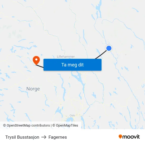 Trysil Busstasjon to Fagernes map
