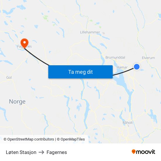 Løten Stasjon to Fagernes map