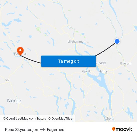 Rena Skysstasjon to Fagernes map