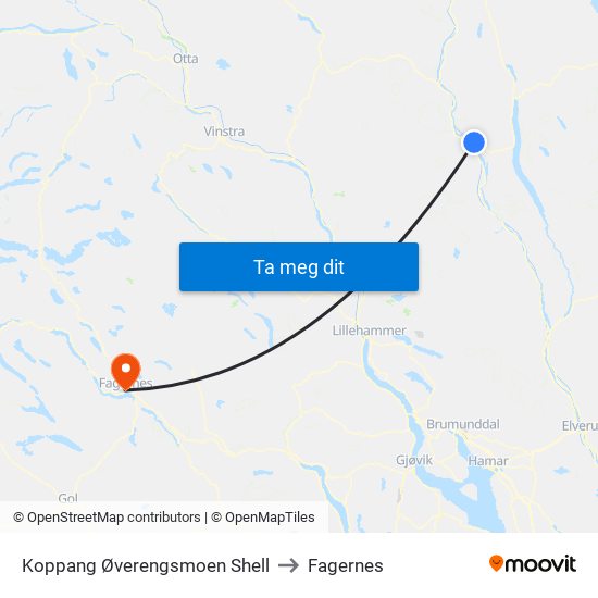 Koppang Øverengsmoen Shell to Fagernes map
