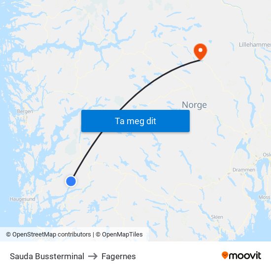 Sauda Bussterminal to Fagernes map