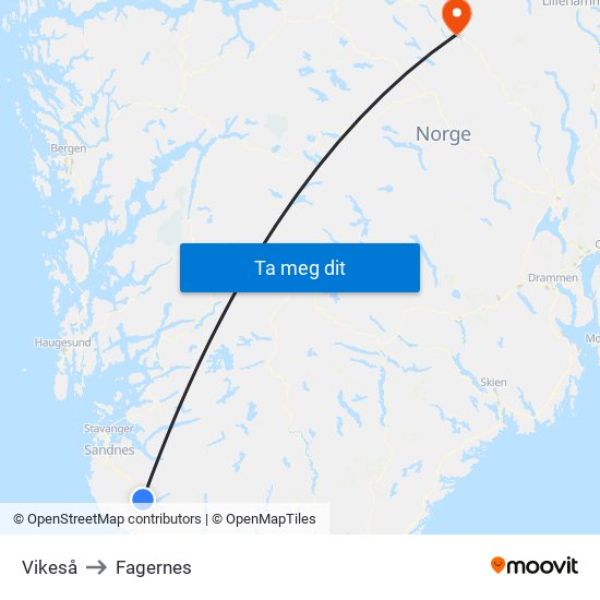 Vikeså to Fagernes map
