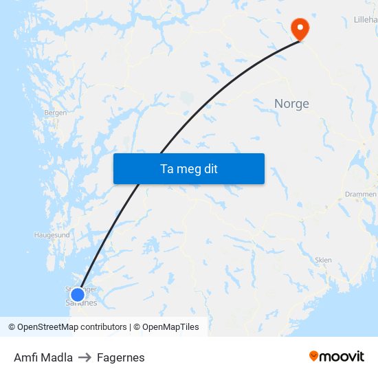 Amfi Madla to Fagernes map