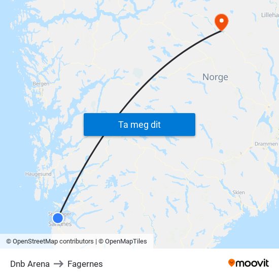 Dnb Arena to Fagernes map