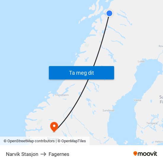 Narvik Stasjon to Fagernes map