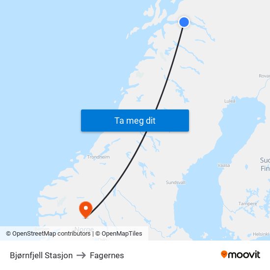 Bjørnfjell Stasjon to Fagernes map