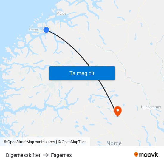 Digernesskiftet to Fagernes map