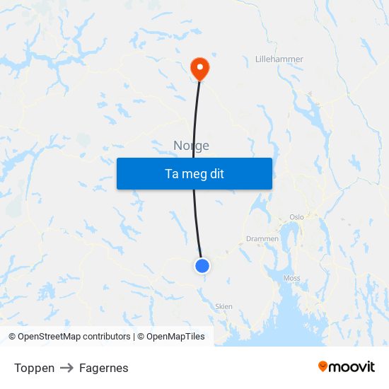 Toppen to Fagernes map