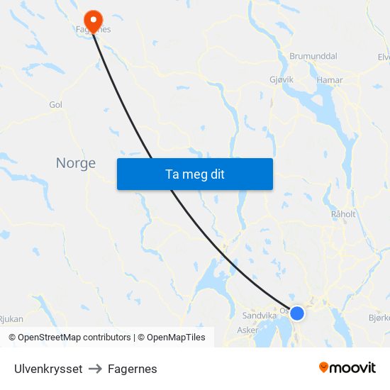 Ulvenkrysset to Fagernes map