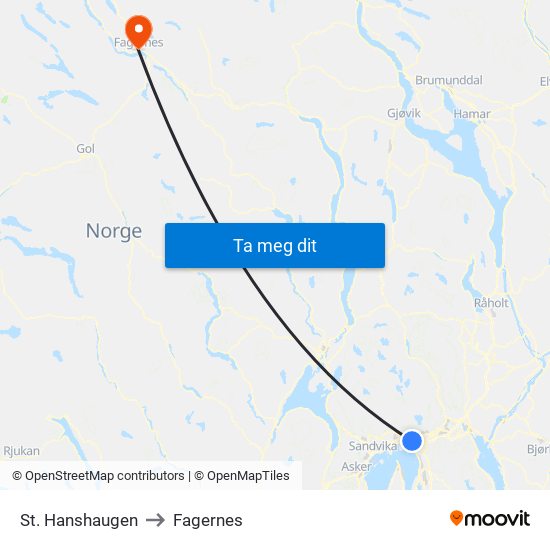 St. Hanshaugen to Fagernes map