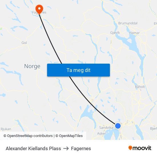 Alexander Kiellands Plass to Fagernes map