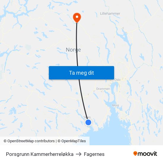 Porsgrunn Kammerherreløkka to Fagernes map