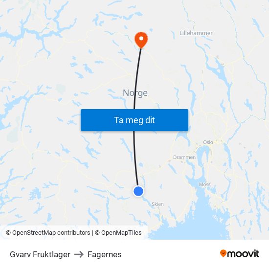 Gvarv Fruktlager to Fagernes map